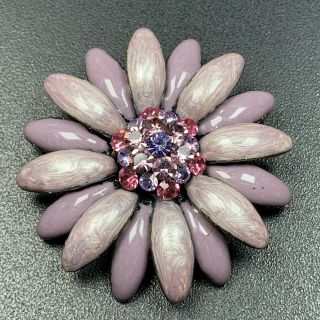 Vintage High End Brooch Pin 2” Enameled Flower Purple Crystal Flowers Lot3