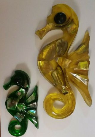 Vintage Lucite Acrylic Abalone Seashell Yellow Green Seahorse Wall Art