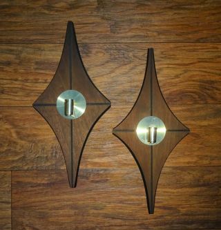 Mcm Wood Metal Candle Holder Wall Sconce Pair 1960 