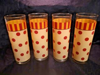 Mid Century Modern,  Tom Collins Glasses,  Yellow With Red Stripes/polka Dots