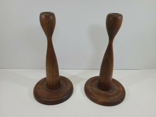 Two (2) Danish Style Mid - Century Modern Candlestick Holders - Wooden - Vintage