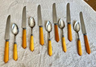 Vintage Butterscotch English Bakelite - 11 Piece Flatware Set Knives.  Spoons