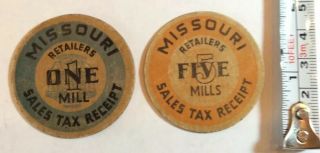 2 Vintage Missouri Retailers Sales Tax Receipt 1 - 5/8 " Paper Coin 1 Mill/5 Mills