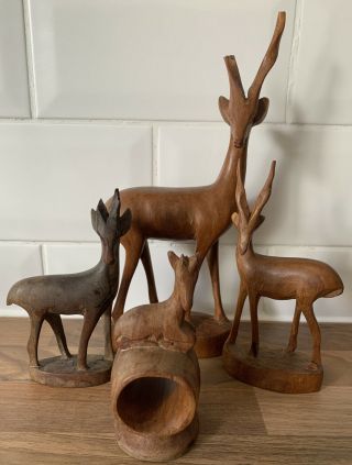 Hand Carved Wooden Antelope Deer Reindeer Mid Century Napkin Holder Ring Bundle