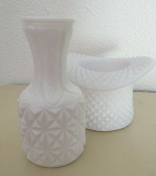 2 Pc.  Vintage Milk Glass Vase Taiwan Diamond Vase 4 " & Pressed Opaline Top Hat
