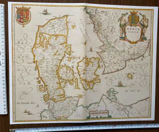 Antique Vintage Historic Old Colour Map Of Denmark 1635 1600 