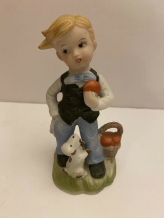 Vtg Porcelain Figurine Little Boy With Dog And Apples