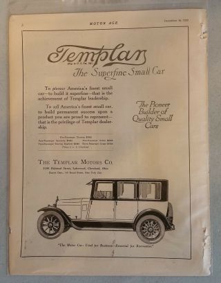 Vintage 1920 The Templar Motor Company - Cleveland,  Oh - Full Page Ad