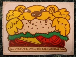 Vtg Mello Smello Scratch & Sniff Smell Sticker Bar Bq Hamburger Hambearger Scent