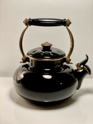 Vinatge Black Enamel And Brass Tea Kettle,  Decorative,  Perfect For Halloween