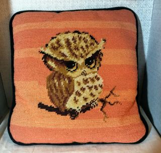 Vintage Mid Century Hand Stitched Needlepoint Owl Pillow