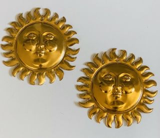 Set Of 2 Vtg Celestial Sun With Face Gold Metal Hanging Decoration From Thailand