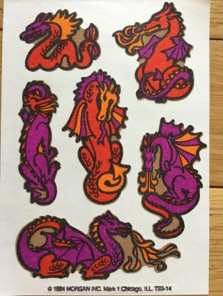 Vintage 1984 Mark 1 Fuzzy Flocked Sheet Of Dragon Stickers