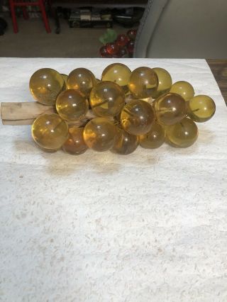 Vintage Mid - Century Lucite Acrylic Grapes On Driftwood Yellow Amber