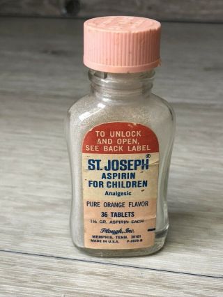 Vintage St Joseph Aspirin For Children Medicine Bottle Pink Plastic Cap