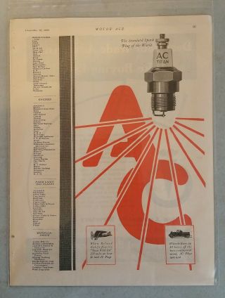 Vintage 1920 Ac Titan Sparkplug - Ac Delco - Color Ad