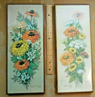 Vintage 2 Floral Mcm Robert Laessig Litho Painting Art Wood Zinnias Poppies