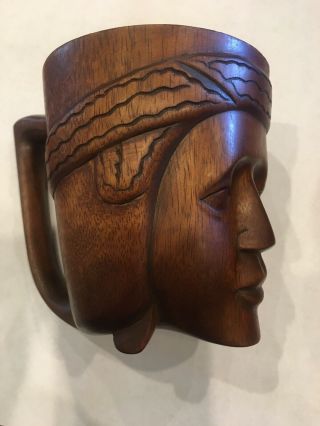 Vintage Hand Carved Monkey Pod Wood Mug Philippines Head Bust Cup