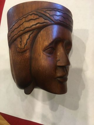 Vintage Hand Carved Monkey Pod Wood Mug Philippines Head Bust Cup 2