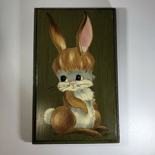 Vintage Signed Hand - Painted Wooden Bunny Rabbit Wall Art Plaque Kitsch 8”l X 5”w