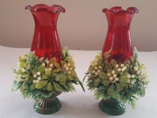 2 Vintage Small Red Glass Christmas Hurricane Candle Lamp Made In Hong Kong