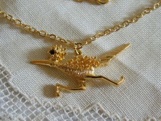 Vintage Roadrunner Gold Pendant Necklace With Ruby Red Eye