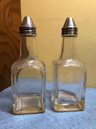 Set Of 2 Vintage Glass Square Oil And Vinegar Cruets With Metal Lids 6 " Tall