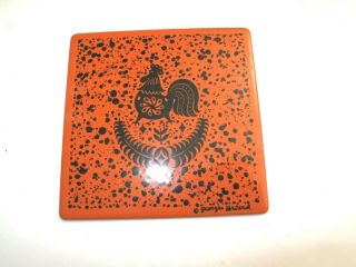 Vtg Mcm Georges Briard Enamel Metal Tile Trivet Coaster Rooster Orange Black 4.  5