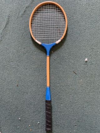 Vintage Blue And White Wooden Badminton Racket For Outdoor Fun