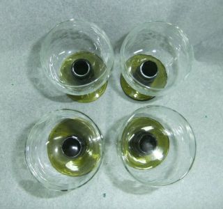 Four Vintage Cordial Glasses - Olive Green Stem - Etched Grapes And Grape Vines