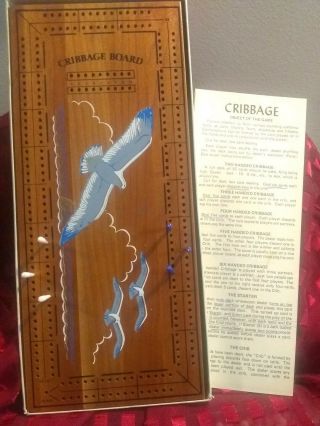Vintage 1960s Mid - Century Wood Cribbage Board W/ Seagull Design With Instruction