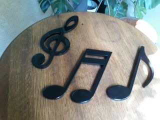 3 Retro Vintage Mid - Century Black Lacquered Musical Notes Wall Plaques