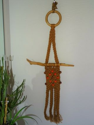 Vintage Unique 70s Handmade Small Jute Macrame Wall Hanging W 13 Beads 31 " Long