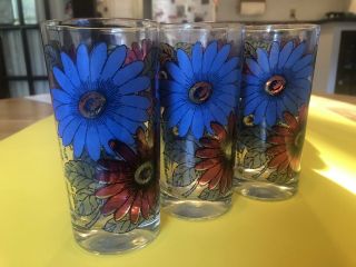 Georges Briard Signed Mid - Century Blue And Red Daisies - Set Of 3