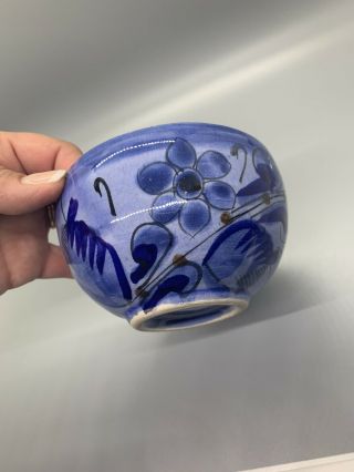 Vintage Mexican Art Pottery Small Bowl Trinket Dish Blue Bird Flower Handpainted