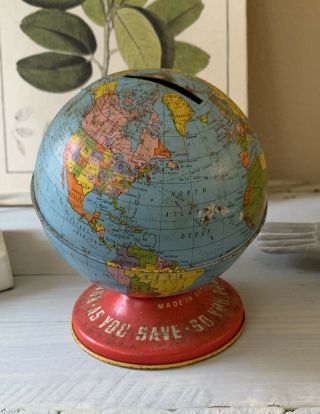 Blue & Red Vintage Tin Litho Globe World Piggy Bank Toy Ohio Art