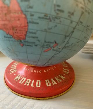 Blue & Red Vintage Tin Litho Globe World Piggy Bank Toy Ohio Art 3