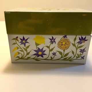 Syndicate Metal Recipe Box Groovy White With Purple & Yellow Flowers So 70’s
