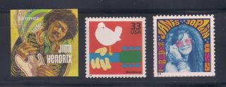 1969 Woodstock Music Festival - Jimi Hendrix Janis Joplin - Set Of 3 U.  S.  Stamps