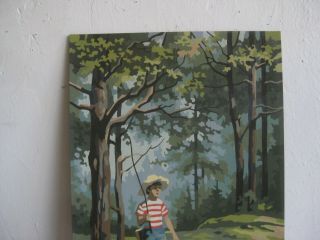 Vtg 1950 ' s PAINT BY NUMBERS HUCK FINN BOY FISHING WITH DOG IN WOODS PBN PAINTING 2