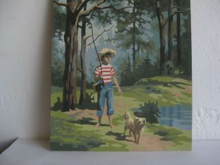 Vtg 1950 ' s PAINT BY NUMBERS HUCK FINN BOY FISHING WITH DOG IN WOODS PBN PAINTING 3