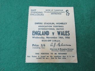 Vintage Wembley International Ticket Stub Nov 14th 1956 England V Wales 3 - 1
