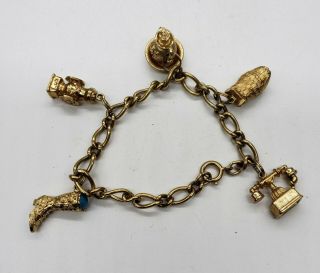 Vintage Gold Tone Signed Avon Victorian Theme Charm Bracelet Owl Telephone Boot