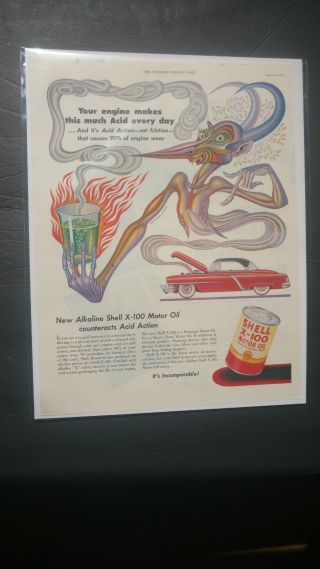 1952 Shell X - 100 Motor Oil Vintage Print Ad Acid Monster Artzybasheff Art