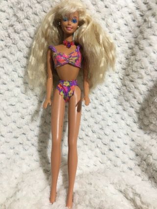 Barbie Doll Bathing Suit Long Blond Hair Earrings Necklace 1966 Swimsuit