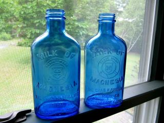 2 Vintage Cobalt Blue Phillips Milk Of Magnesia Bottles 7 "