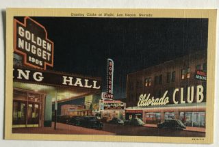 Vintage Postcard “gaming Clubs At Night,  Las Vegas,  Nevada” C 1940’s