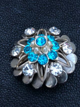 Gorgeous Turquoise Blue Clear Rhinestone Silvertone Tiered Vintage Brooch Pin