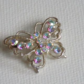 Vintage Pink Sparkly Butterfly Brooch Pin Aurora Borealis Stones 1960s