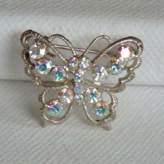 Vintage Pink Sparkly Butterfly Brooch Pin Aurora Borealis Stones 1960s 3